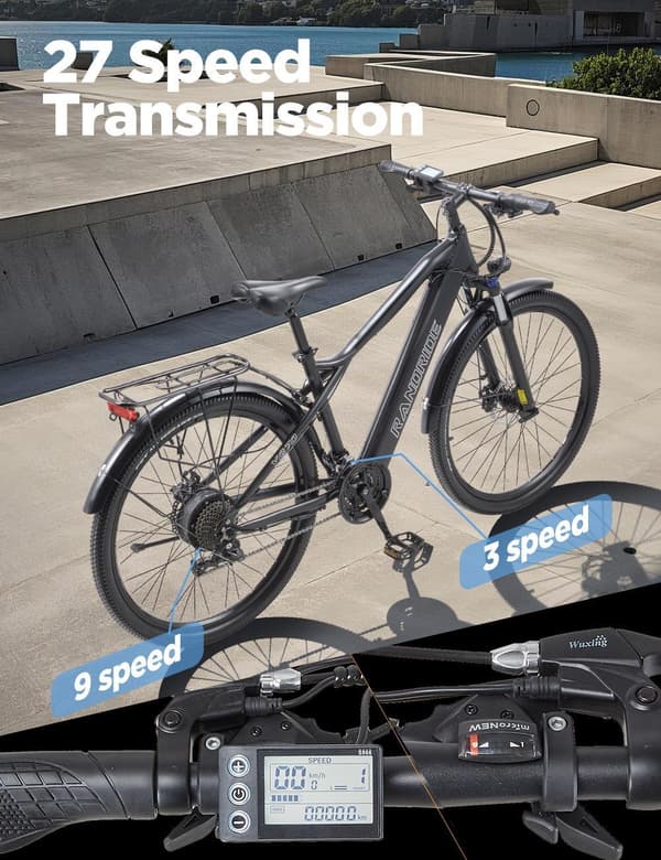 Randride YG70 kaupunkisähköpyörä 1000W ylämoottori, 48V 14Ah akku, 27-vaihteiset vaihteet, 27,5" CST-renkaat ja lukittava jousitus