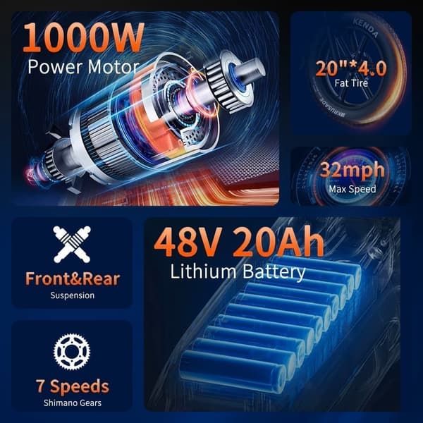 Sähköpyörä PHNHOLUN C8 1000W, 25 km/h, 48V 20Ah, suuret 20x4.0 tuuman renkaat