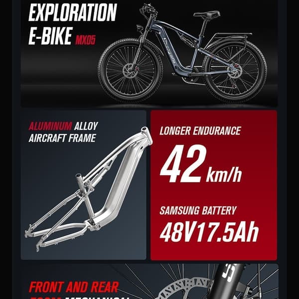 Shengmilo Mx05 elektrisk cykel 1000W dubbel motor 48V 17.5AH litiumbatteri vuxen elektrisk cykel 26 tums berg off-road Ebike