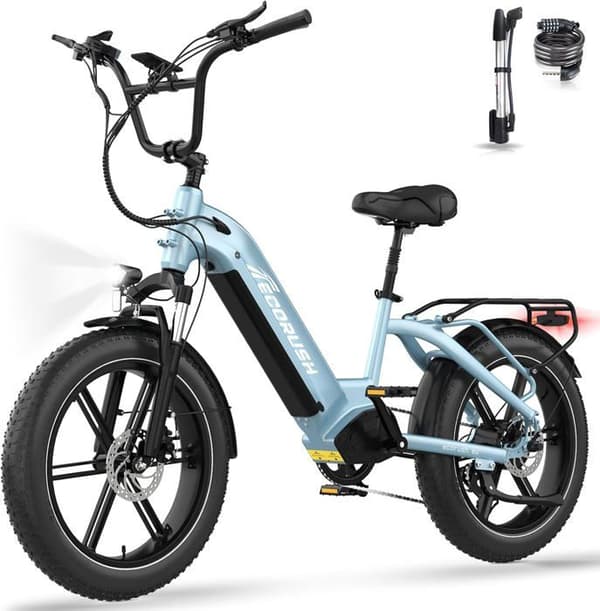 VAE elcykel - ECORUSH ECO R6 - 20" x 4.0 Big Tires - Avtagbart batteri 48V 15,6Ah, 250W, 7-växlad, MTB - Blå