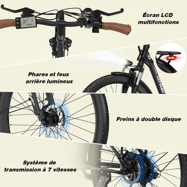 HITWAY Elcykel E-Bike 28 tum, 250W motor, 36V 13Ah batteri, 7 hastigheter, LCD-skärm - svart
