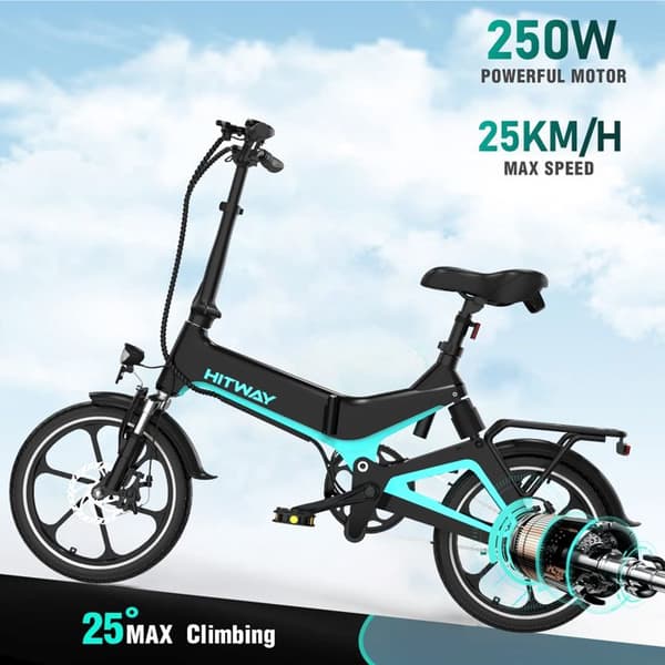HITWAY elcykel Svart 16", lätt och hopfällbar Elektrisk pedalassistanscykel, 36V 7,8Ah 250W, fri pump och lås