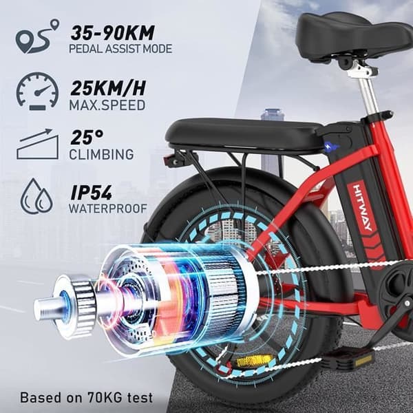 HITWAY Röd Elcykel, 20" hopfällbar Vuxen Electric Fat Bike MTB, 36V-11,2Ah batteri, Shimano 7 Speeds+HITWAY Green Bag