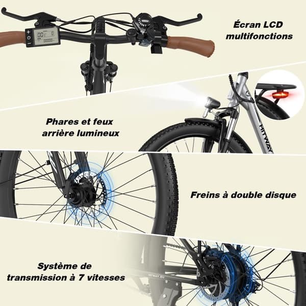 HITWAY Elcykel E-Bike 28 tum, 250W motor, 36V 13Ah batteri, 7 hastigheter, LCD-skärm - Silver