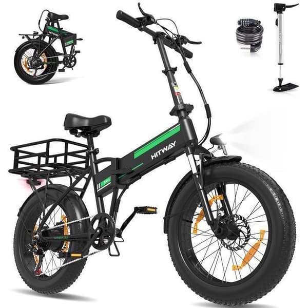 Fällbar elcykel HITWAY E-Bike 20" x4.0 Fat Tire - Avtagbart batteri 48V 13Ah - Svart&amp;Grön + Bakre korg