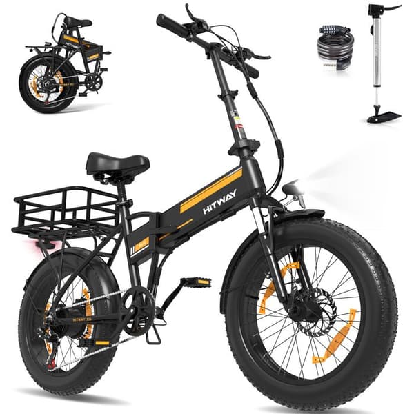 HITWAY E-Bike 20" x4.0 Fat Tire Hopfällbar Elcykel - Avtagbart 48V 12Ah batteri - Svart &amp; Orange + Bakkorg