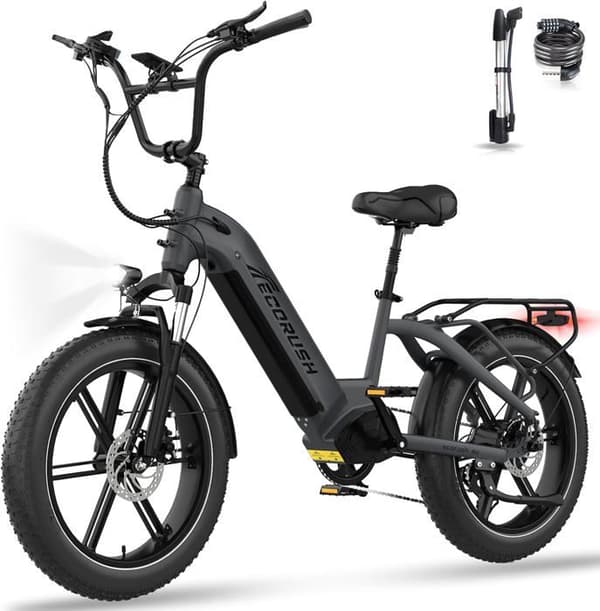 VAE elcykel - ECORUSH ECO R6 - 20" x 4.0 Big Tires - Avtagbart batteri 48V 15,6Ah, 250W, 7-växlad, MTB - Grå