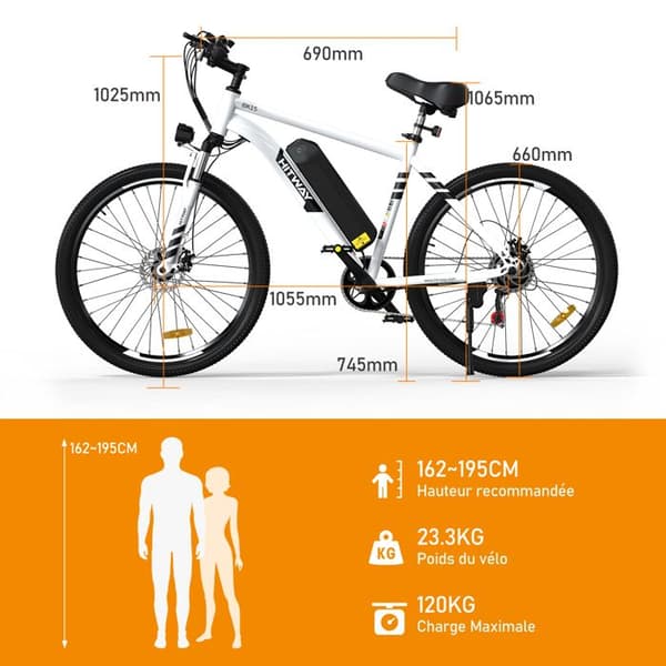 HITWAY Elcykel 26" vit, E-cykel med löstagbart 36V/12AH batteri, Shimano 7-växlad, MTB City E-Bike