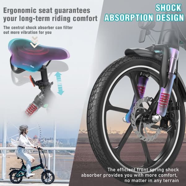 HITWAY 16" hopfällbar elcykel - Magnesiumlegering - Justerbar höjd - Dubbla skivbromsar - Svart