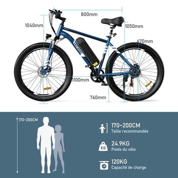 HITWAY elcykel VAE Blå, elektrisk mountainbike, 26" x 3.0 City E-Bike, löstagbart 48V15AH litiumbatteri, Shimano 7 Speed