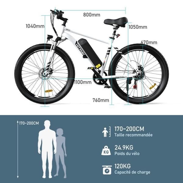 HITWAY elcykel VAE Vit, elektrisk mountainbike, 26" x 3.0 City E-Bike, löstagbart 48V15AH litiumbatteri, Shimano 7 hastigheter
