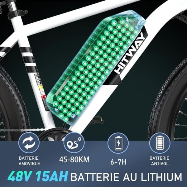 HITWAY elcykel VAE Vit, elektrisk mountainbike, 26" x 3.0 City E-Bike, löstagbart 48V15AH litiumbatteri, Shimano 7 hastigheter