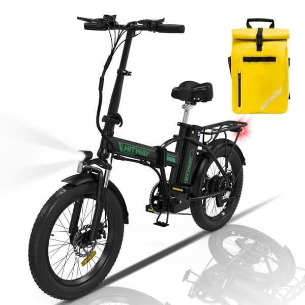 HITWAY hopfällbar elcykel 20" E-cykel Svart-Grön - 36V batteri - 11,2Ah - LCD-skärm+HITWAY gul väska
