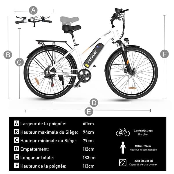 VAE elcykel - HITWAY - Vit - 28" - Avtagbart batteri 250W 36V 12Ah - Shimano 7 hastigheter - Elektrisk mountainbike