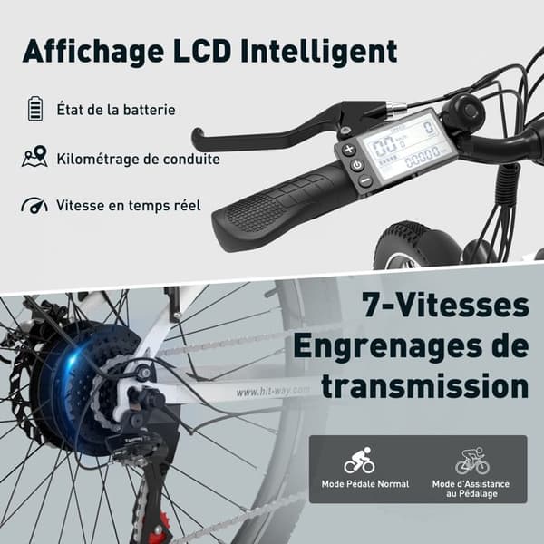 VAE elcykel - HITWAY - Vit - 28" - Avtagbart batteri 250W 36V 12Ah - Shimano 7 hastigheter - Elektrisk mountainbike