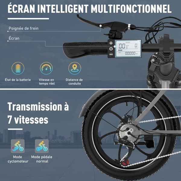HITWAY Elcykel 20" Fällbar - Batteri 36V - 13Ah - Motor 250W - 7 Växlar - Silver