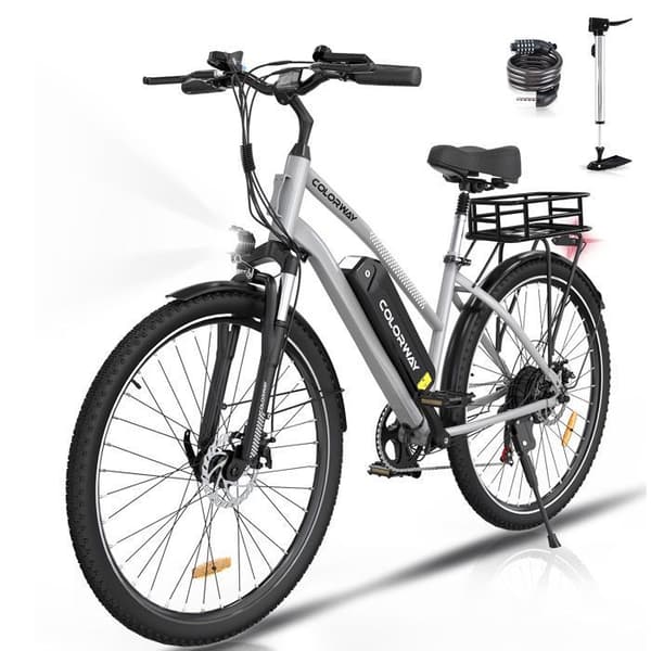 COLORWAY 28" VAE elcykel - Avtagbart 36V 15Ah batteri - 250W motor - Shimano 7 Speeds - Silver + COLORWAY bakkorg