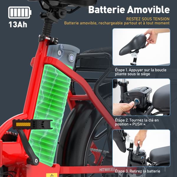 HITWAY Elcykel 20" MTB - Batteri 36V - 13Ah - Motor 250W - 7 Växlar - Röd