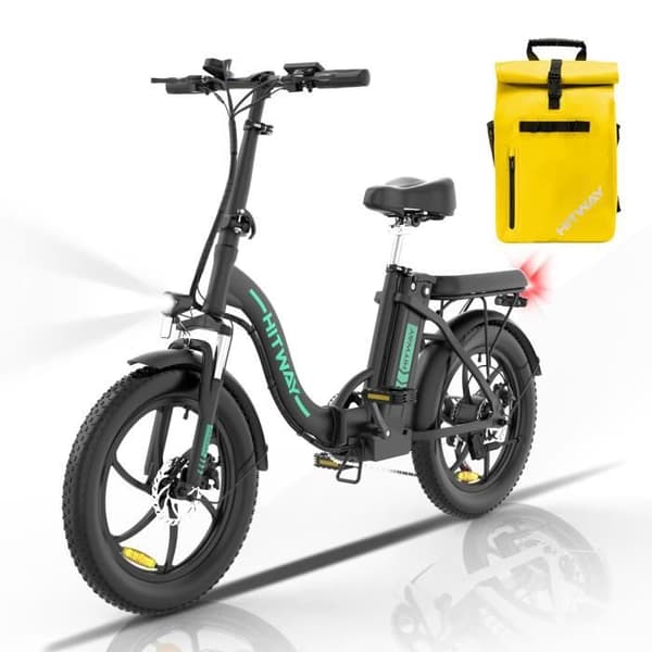 HITWAY Svart Elcykel, 20" hopfällbar Vuxen Electric Fat Bike MTB, 36V-11,2Ah batteri, Shimano 7 Speeds+HITWAY Yellow Bag
