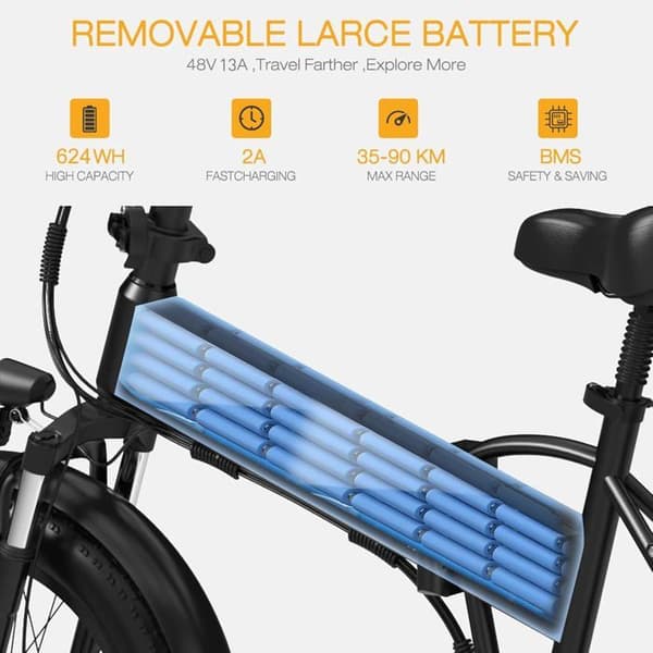 HITWAY hopfällbar elcykel E-cykel 20" x4.0 stora däck, 250W motor, löstagbart 48V 13Ah batteri, EBike MTB, svart och grönt
