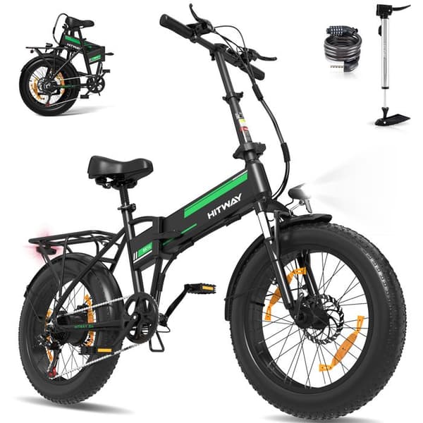 HITWAY hopfällbar elcykel E-cykel 20" x4.0 stora däck, 250W motor, löstagbart 48V 13Ah batteri, EBike MTB, svart och grönt
