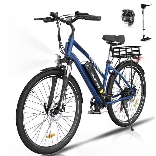 COLORWAY 28" VAE elcykel - Avtagbart 36V 15Ah batteri - 250W motor - Shimano 7 hastigheter - Blå + COLORWAY bakkorg