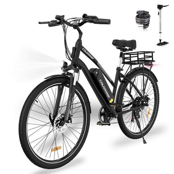COLORWAY 28" VAE elcykel - Avtagbart 36V 15Ah batteri - 250W motor - Shimano 7 Speeds - Svart + COLORWAY bakkorg
