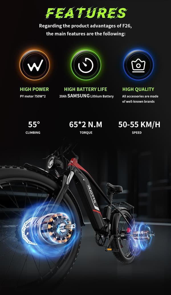 Elcykel Duotts ​​F26 Dual 750W*2 Motor 48V 20AH Batteri upp till 120KM Max Räckvidd, 26"*4 Fat Tire Svart
