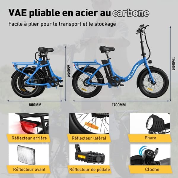 COLORWAY Blue Elcykel, 20" hopfällbar VAE, E-BIKE Elcykel med 2 körlägen, 36V 12Ah 250W batteri