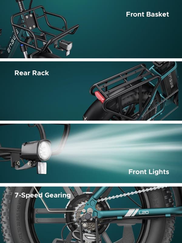 ENGWE L20 Boost e-cykel, 250W motor, 75Nm drejningsmoment, 48V13Ah batteri, 20×4.0" dæk, 126 km rækkevidde, fremragende til både byture og eventyr