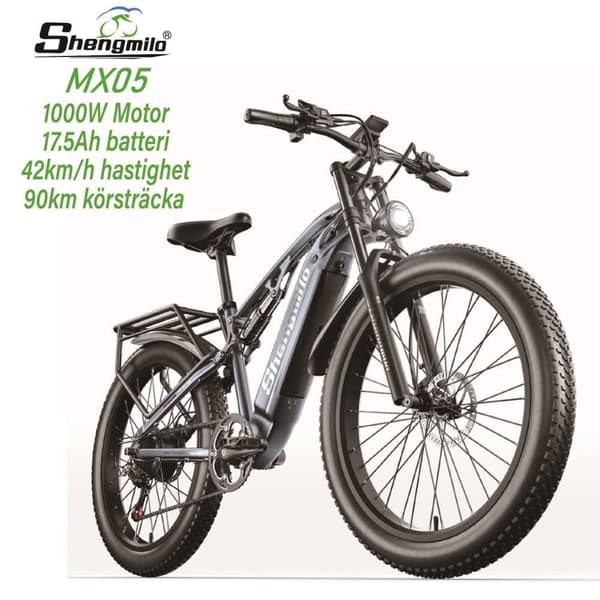Shengmilo MX05 26 * 3,0 tum breda däck 1000W motor 48V 17,5AH batteri 42 km/h 90 km hydraulisk skivbroms vuxen elcykel
