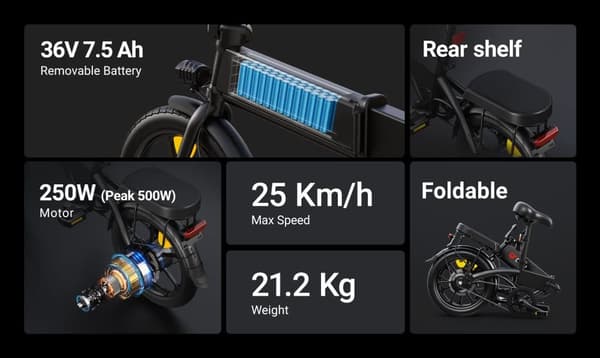 DYU A1F Pro Elcykel 16 Tums Hopfällbar Elcykel 36V 7.5Ah Batteri 250W Motor LED-Display Bromssystem Skivbroms Lämplig för Vuxna och Tonåringar