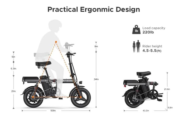 ENGWE T14 Elcykel, Maks hastighed 25 km/t, 250W Motor, 30N·m Moment, 14x2.125 Dæk, 48V 10Ah Lithiumbatteri,25 km Elektrisk tilstand,42 km PAS tilstand