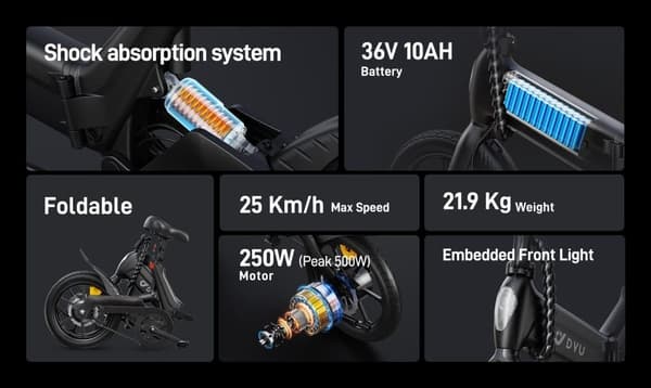 DYU A16 Elcykel 36V10AH Litiumbatteri 350W Motor 16 Tums Däck 55 Räckvidd Hopfällbar Elcykel för Stad