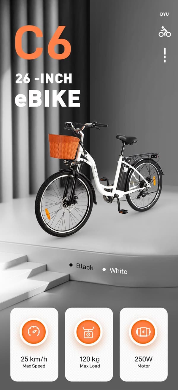 Elcykel - DYU C6 - 26" hjul - 350W motor - 36v 12,5Ah batteri - SHIMANO 7 hastigheder - maksimal rækkevidde 70 km - hvid