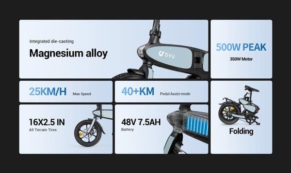 DYU C2 Elcykel 48V 7.5Ah Batteri 350W Motor 16 Tums Däck 45KM Körsträcka Skivbroms Elcykel Lämplig för Vuxna och Tonåringar