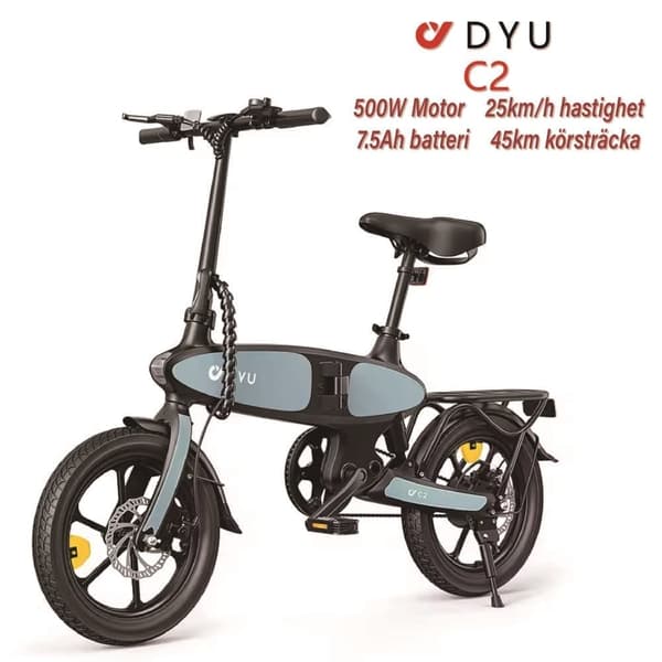 DYU C2 Elcykel 48V7.5AH Litiumbatteri 350W Borstlös Motor 16 Tums Däck Dubbla Skivbromsar Elcykel för Vuxen