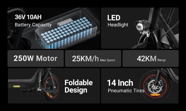 DYU C4 Elcykel 250W Motor 14 Tums Däck 36V 10Ah Batteri 42KM Körsträcka Skivbroms Elcykel Lämplig för Vuxna och Tonåringar