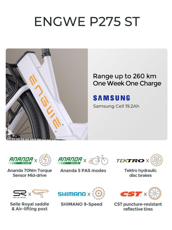 ENGWE P275 Elcykel, 250W Motor, 70 N.m Moment, 27.5x2.4 Dæk, 9-gears, 36V 19.2Ah Batteri, 25 km/t, 260 km – Perfekt til pendling og bakker