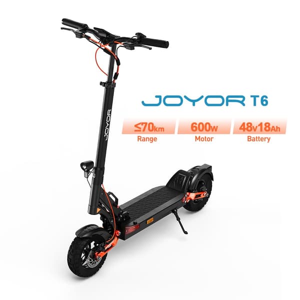 1,630 / 5,000 Joyor T6 Elscooter med 48V 18Ah Batteri | 70 km Räckvidd | 600W Motor | Hydraulisk Fjädring och Bärbar Design