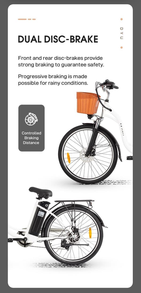 DYU C6 Elcykel 26 Tums Däck 36V 12.5Ah Batteri 350W Motor 70KM Körsträcka Skivbroms Elcykel Lämplig för Vuxna och Tonåringar- Vit