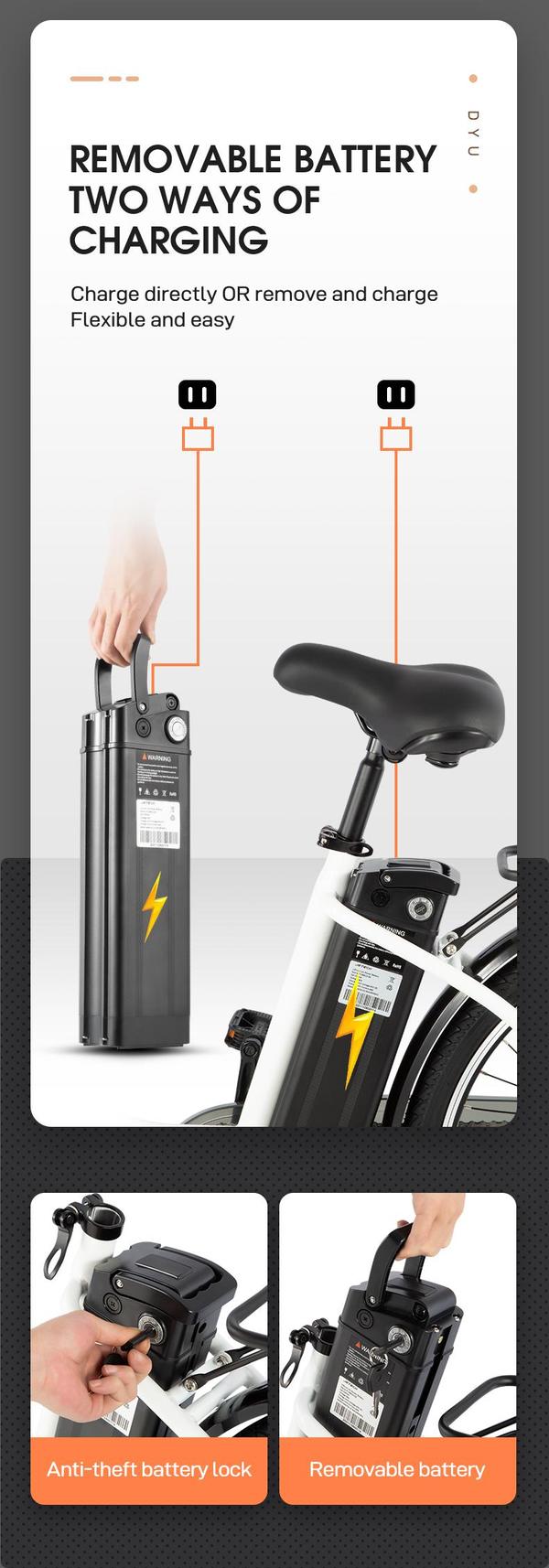 DYU C6 Elcykel 26 Tums Däck 36V 12.5Ah Batteri 350W Motor 70KM Körsträcka Skivbroms Elcykel Lämplig för Vuxna och Tonåringar- Vit