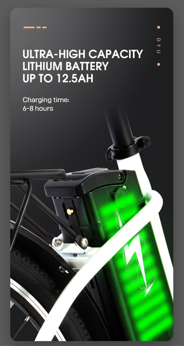 DYU C6 Elcykel 26 Tums Däck 36V 12.5Ah Batteri 350W Motor 70KM Körsträcka Skivbroms Elcykel Lämplig för Vuxna och Tonåringar- Vit