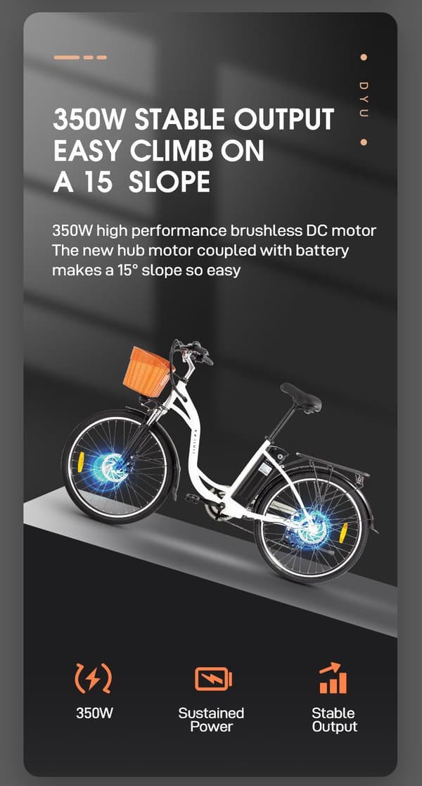 DYU C6 Elcykel 26 Tums Däck 36V 12.5Ah Batteri 350W Motor 70KM Körsträcka Skivbroms Elcykel Lämplig för Vuxna och Tonåringar- Vit