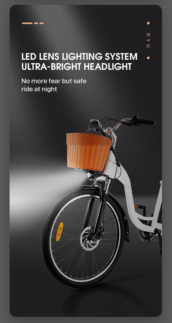 DYU C6 Elcykel 26 Tums Däck 36V 12.5Ah Batteri 350W Motor 70KM Körsträcka Skivbroms Elcykel Lämplig för Vuxna och Tonåringar- Vit