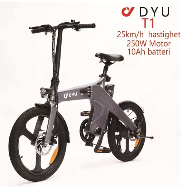 DYU T1 Elcykel 36V10AH Batteri 20-tums Däck 250W Borstlös Motor Dubbla Skivbromsar Elcykel för Vuxna