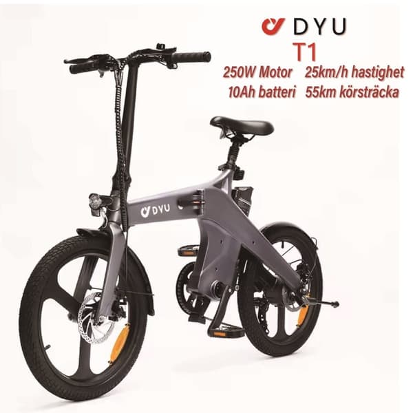 DYU T1 Elcykel 36V 10Ah Batteri 250W Motor 20-tums Däck Dubbla Skivbromsar Elcykel Lämplig för Vuxna och Tonåringar