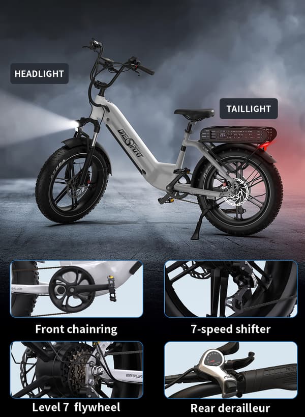 Onesport OT08 20'' sähköpyörä, jossa askellus, 500 W moottori, huippunopeus noin 40 km/h, 18 Ah akku, hydraulinen jarru, 7 vaihdetta, 20*4.0 rengas