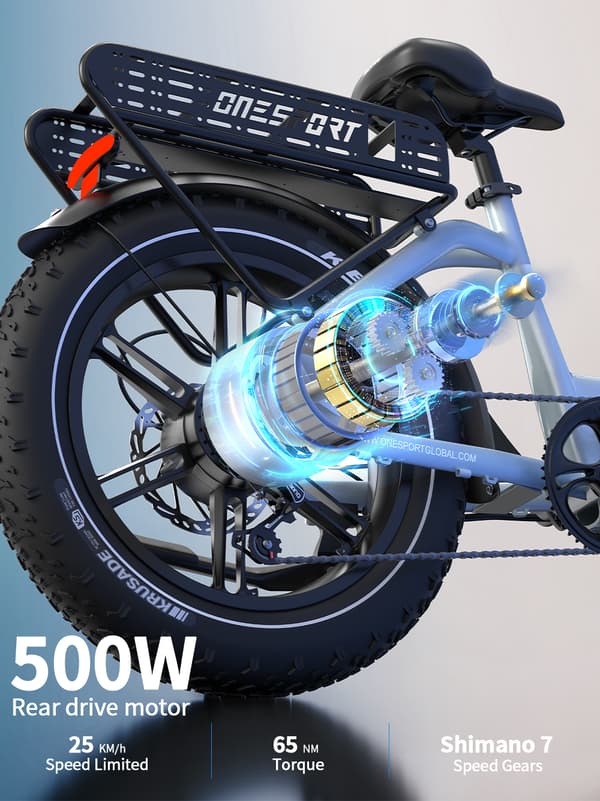 Onesport OT08 20'' sähköpyörä, jossa askellus, 500 W moottori, huippunopeus noin 40 km/h, 18 Ah akku, hydraulinen jarru, 7 vaihdetta, 20*4.0 rengas