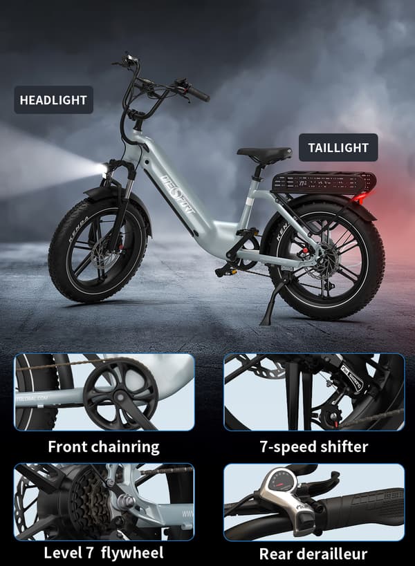 Onesport OT08 20'' sähköpyörä, jossa askellus, 500 W moottori, huippunopeus noin 40 km/h, 18 Ah akku, hydraulinen jarru, 7 vaihdetta, 20*4.0 rengas